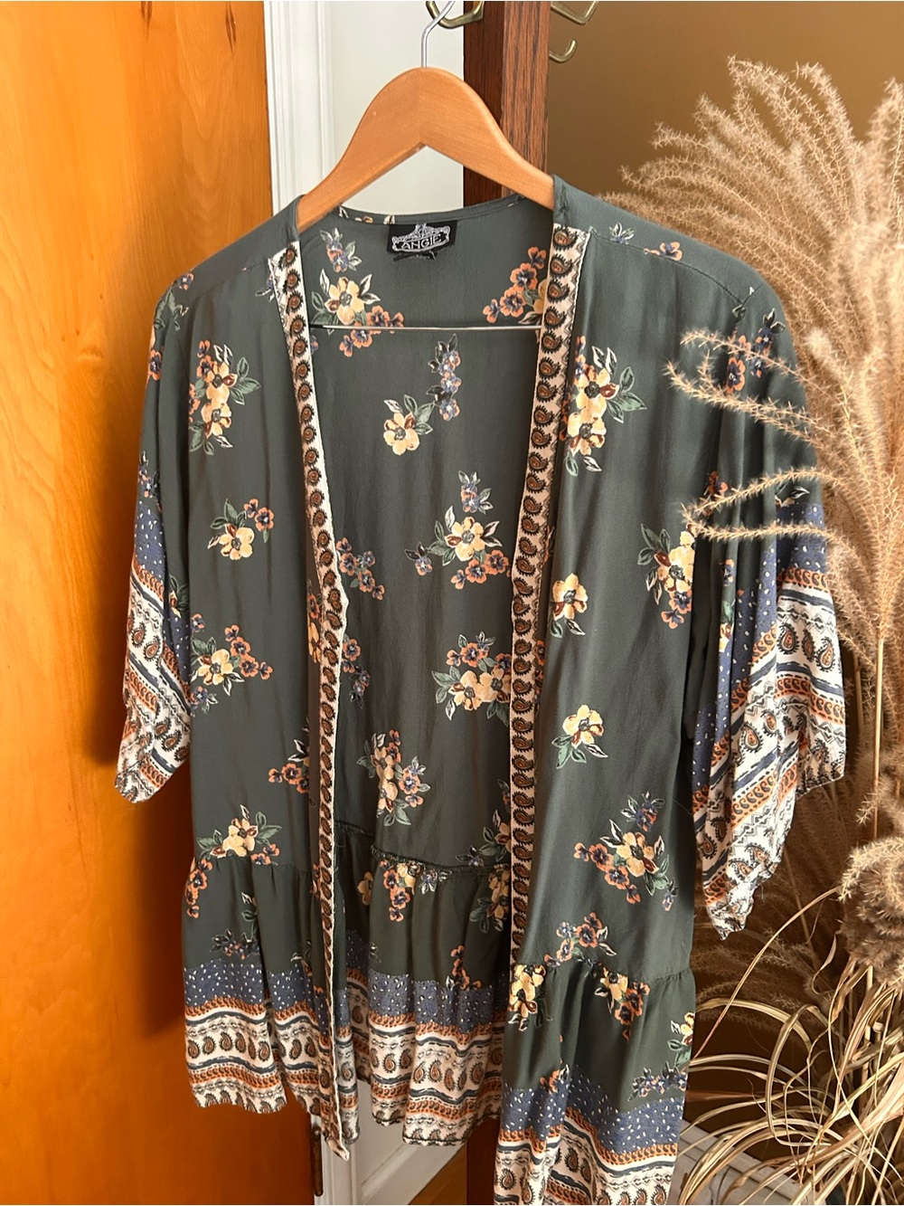 Boho Floral Kimono Cardigan - Dusty Olive Green with Muted Floral Pattern